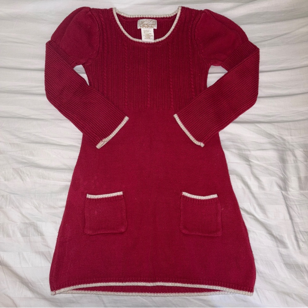 Heirlooms by Polly Flinders Red Girl’s Knit Cable Sweater Dress